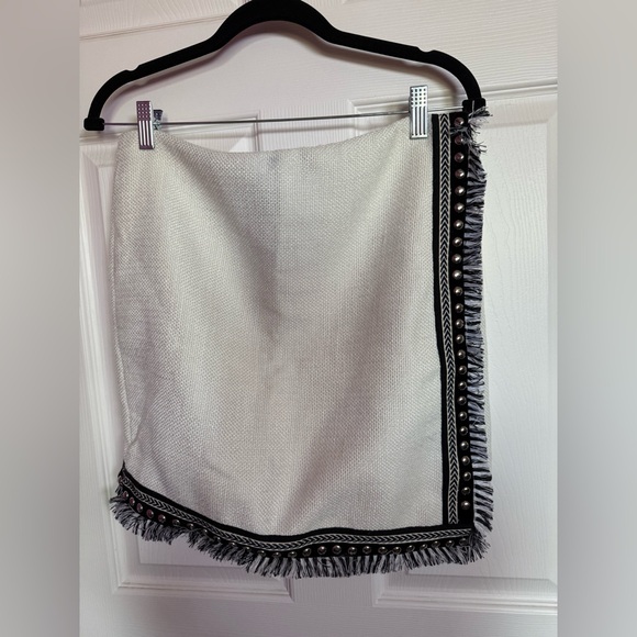 White and Black Women's Mini Skirt with Hardware and Fringe - Picture 2 of 6
